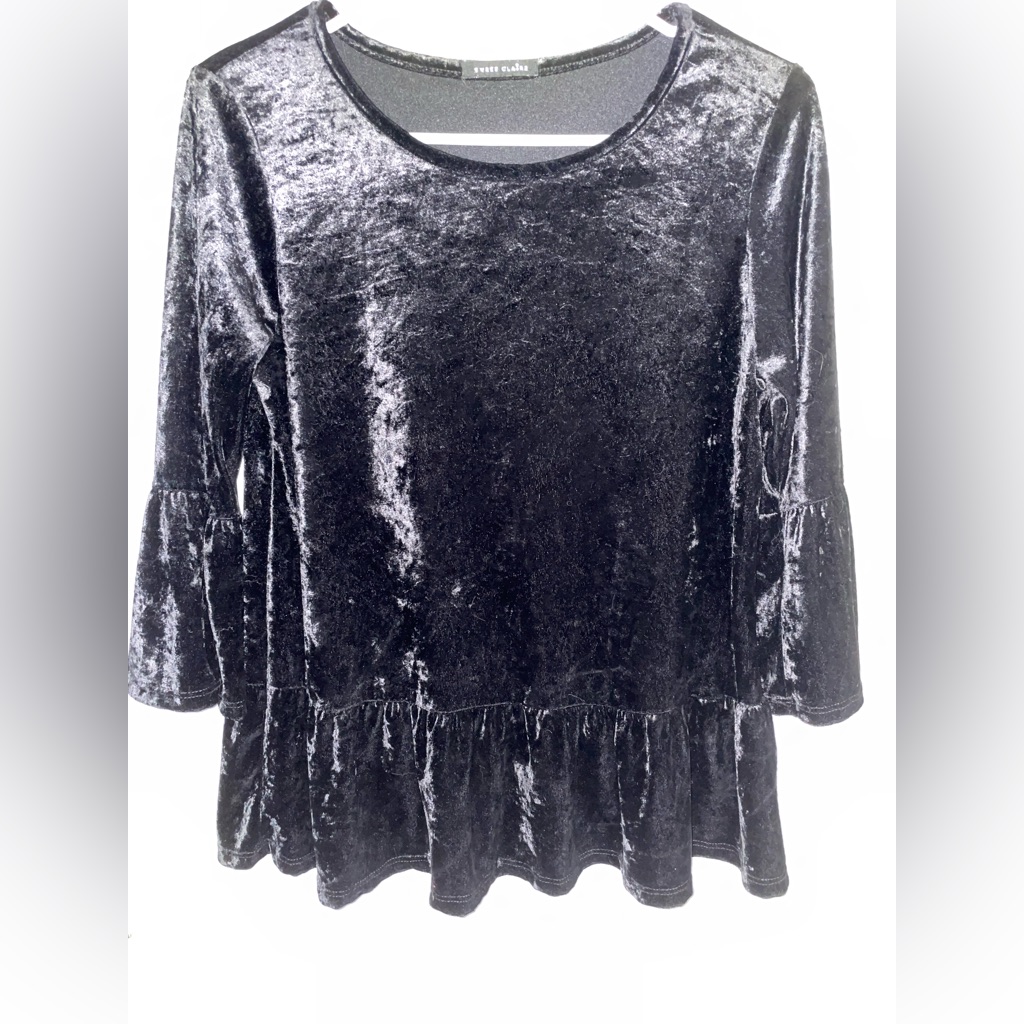 Sweet Claire Black Crushed Velvet 3/4 Sleeve Ruffled Hem And Sleeve Top